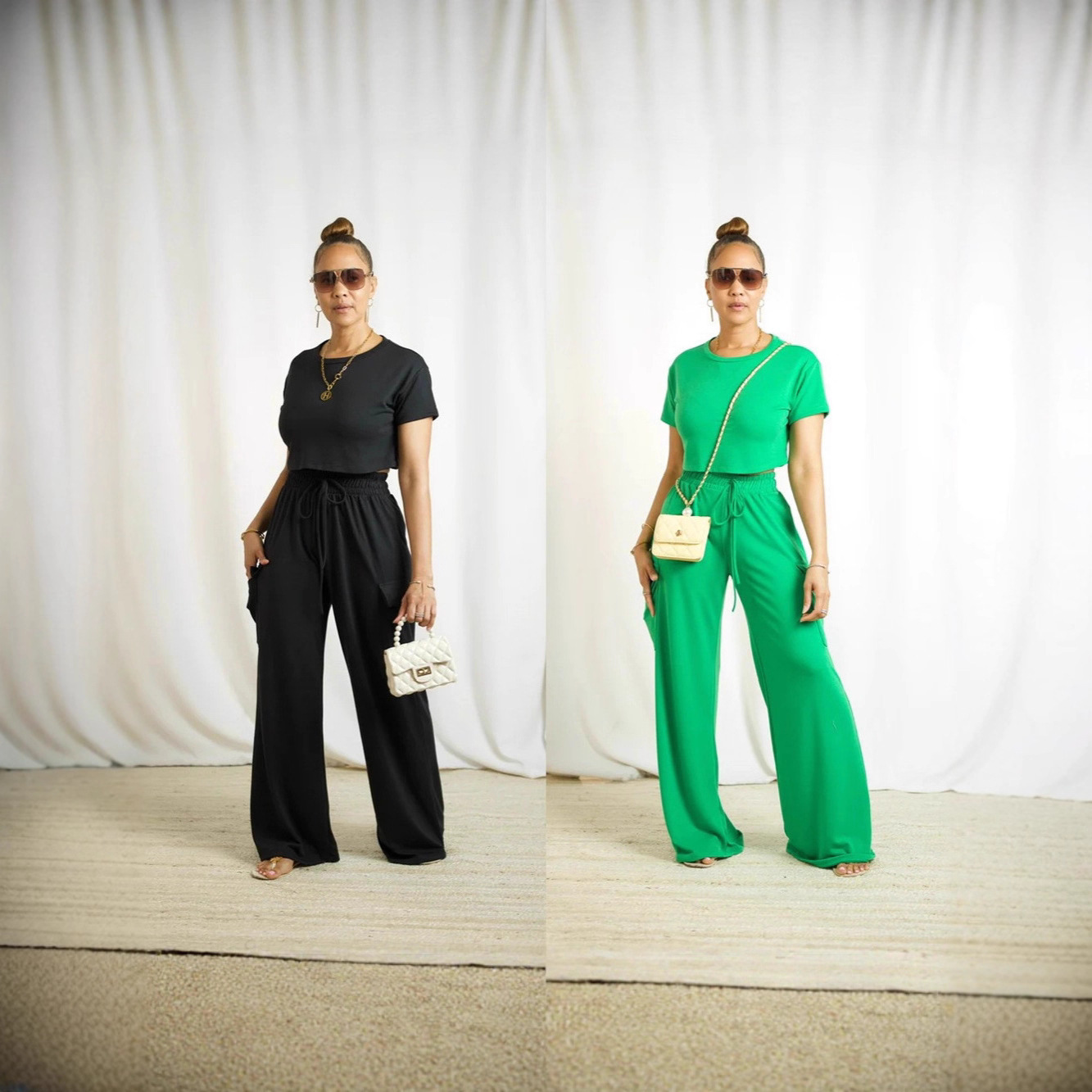 Women's Casual Two-Piece Set Short Sleeve Top and Wide-Leg Cargo Pants