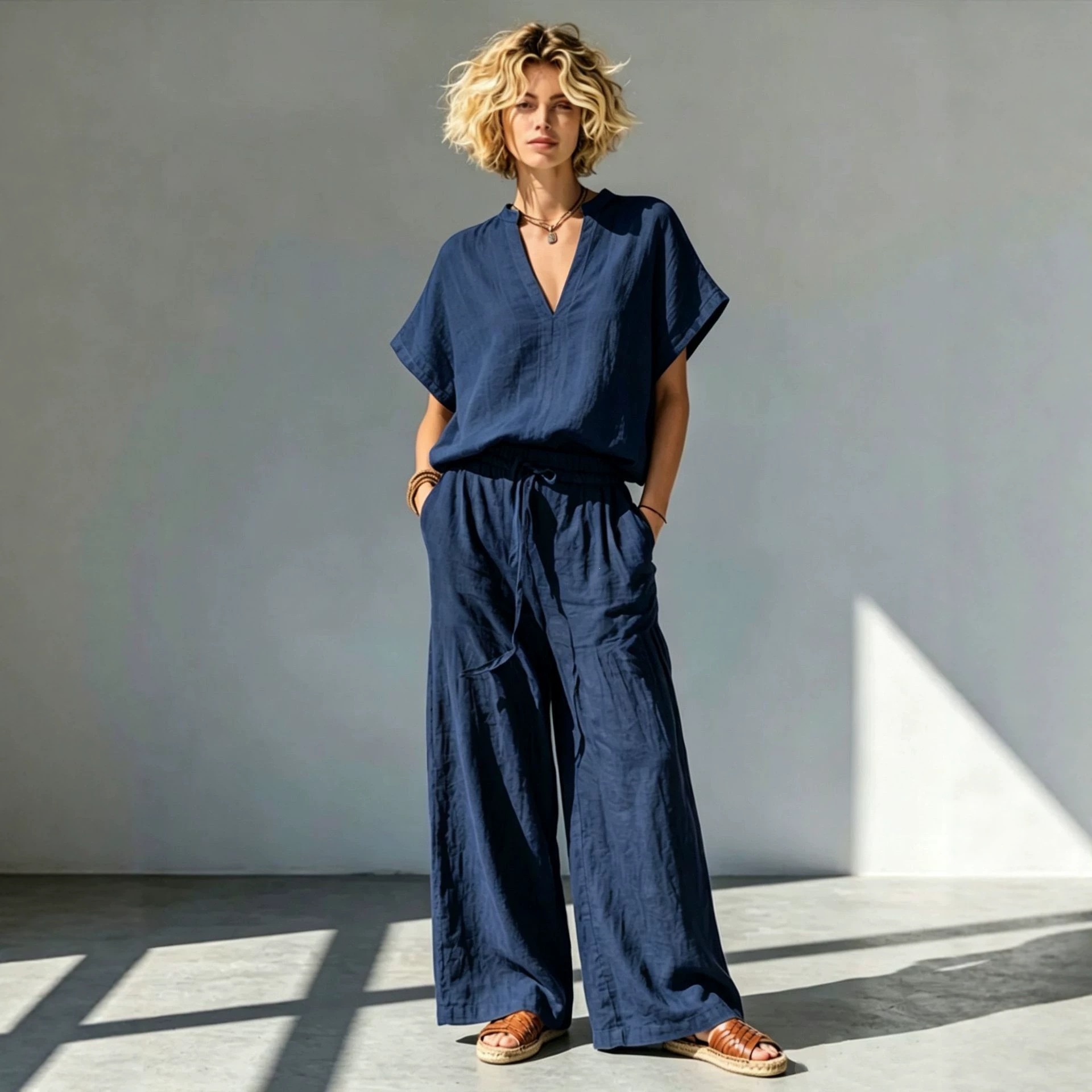 Women's Cotton-Linen V-Neck Short-Sleeve Shirt & Wide-Leg Pants Set