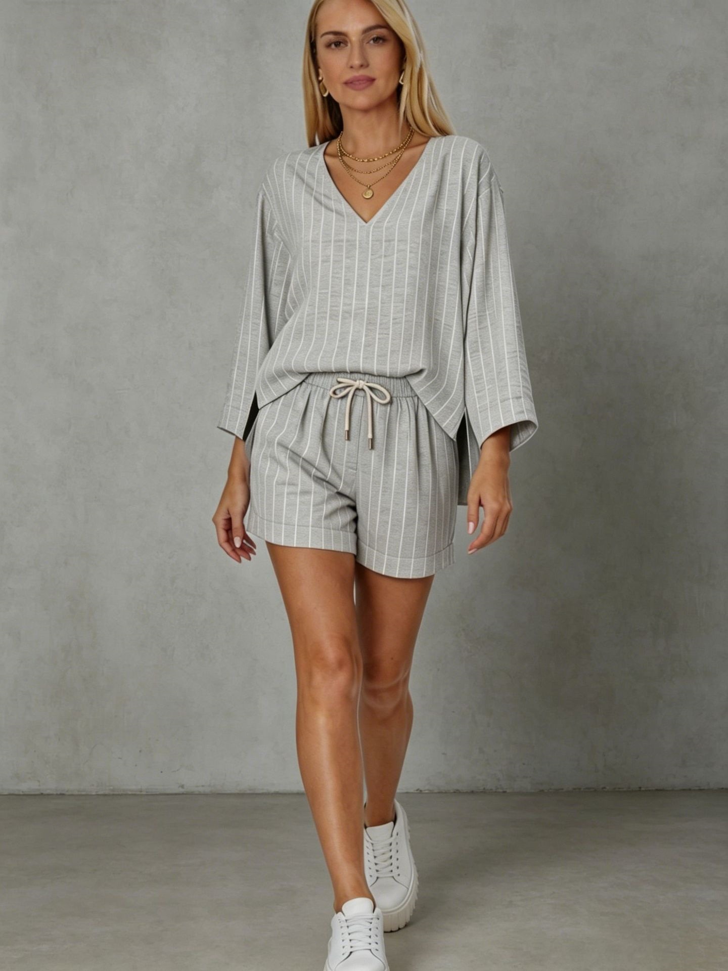 Women's Striped Two-Piece Set V-Neck Long Sleeve Top & Shorts