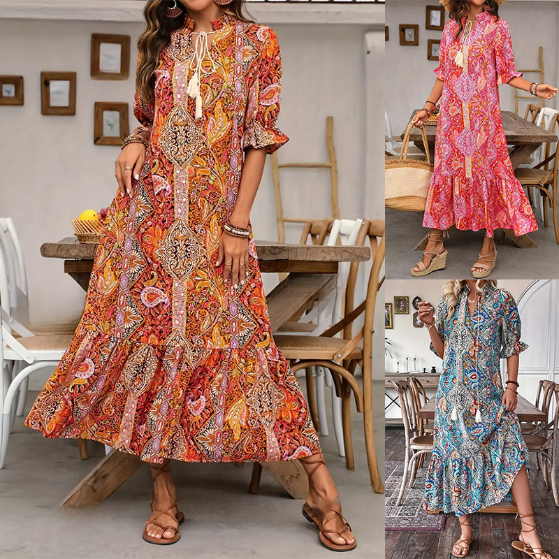 Women's Floral Print Tie-Neck Midi Dress with Ruffle Hem