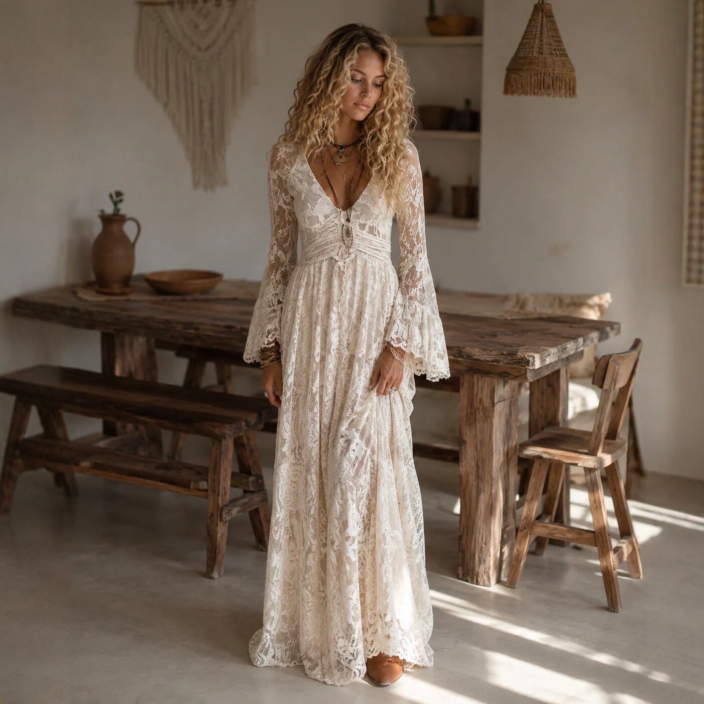 Lace Long Sleeve V-Neck Vintage Slimming Midi Dress