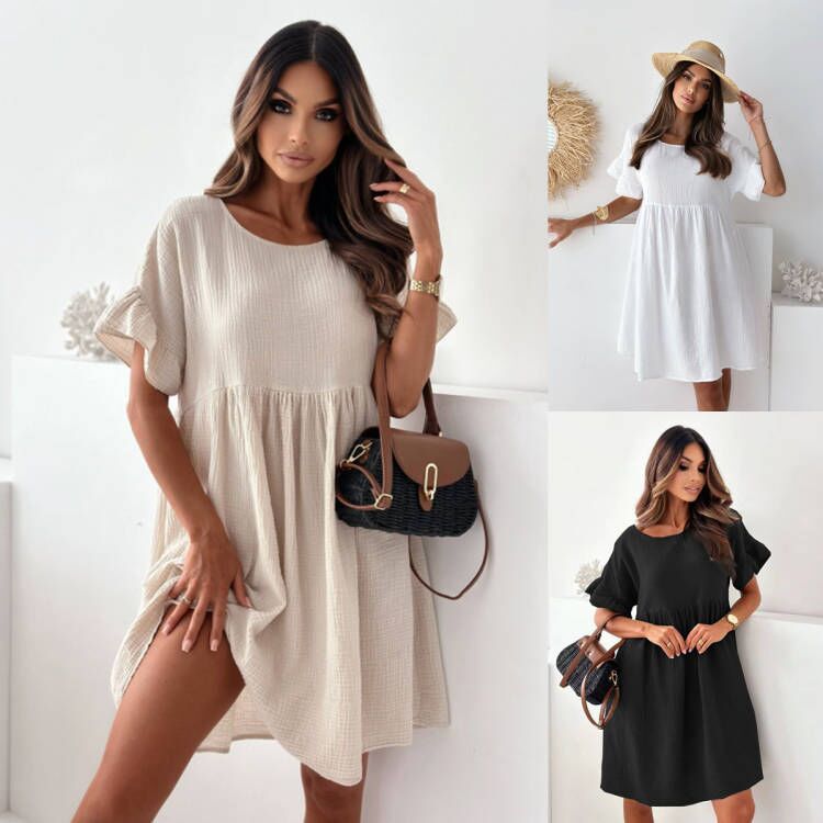 Women's Crewneck Short Sleeve Solid Pleated Loose Dress