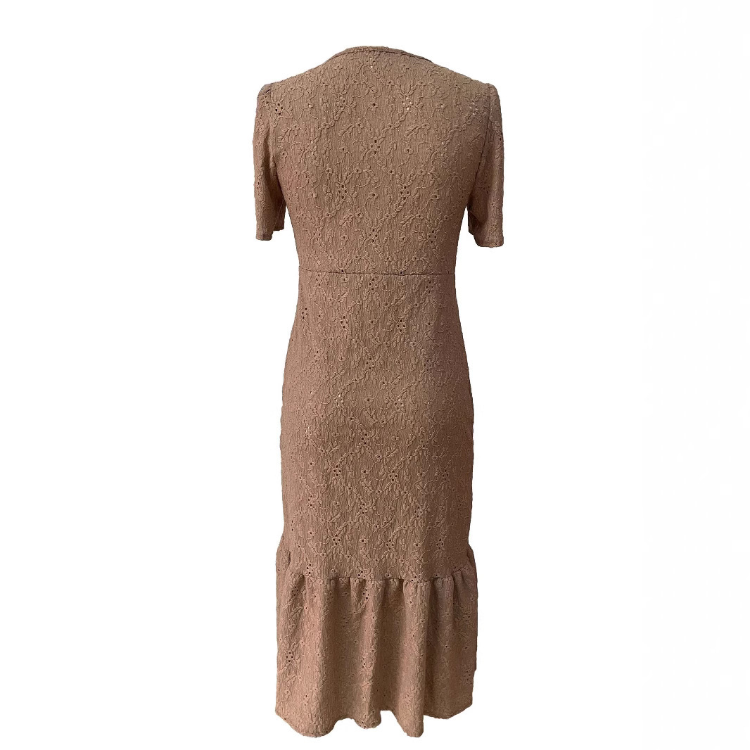 V-Neck Button-Front Mermaid Midi Dress with Pleats and Slit Short Sleeve