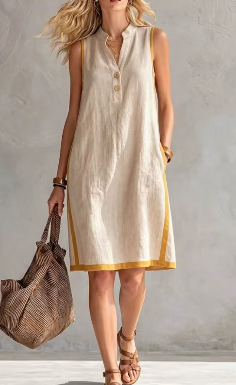 Women's V-Neck Sleeveless Loose Cotton Linen Midi Dress
