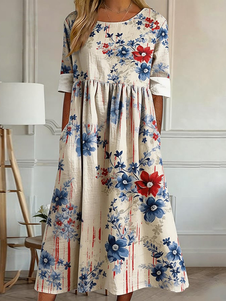 Women's Floral Print Ruched Bodycon Midi Dress Sleeveless Crew Neck