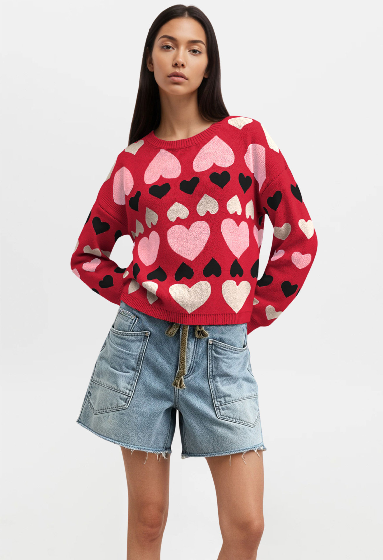 Women's Heart Pullover Sweater Long Sleeve Crew Neck Colorblock