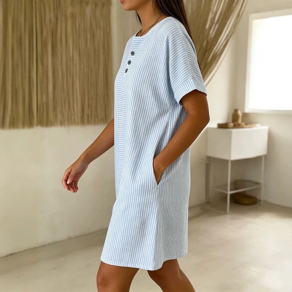 Button-Front Round-Neck Loose Casual Dress with Pockets