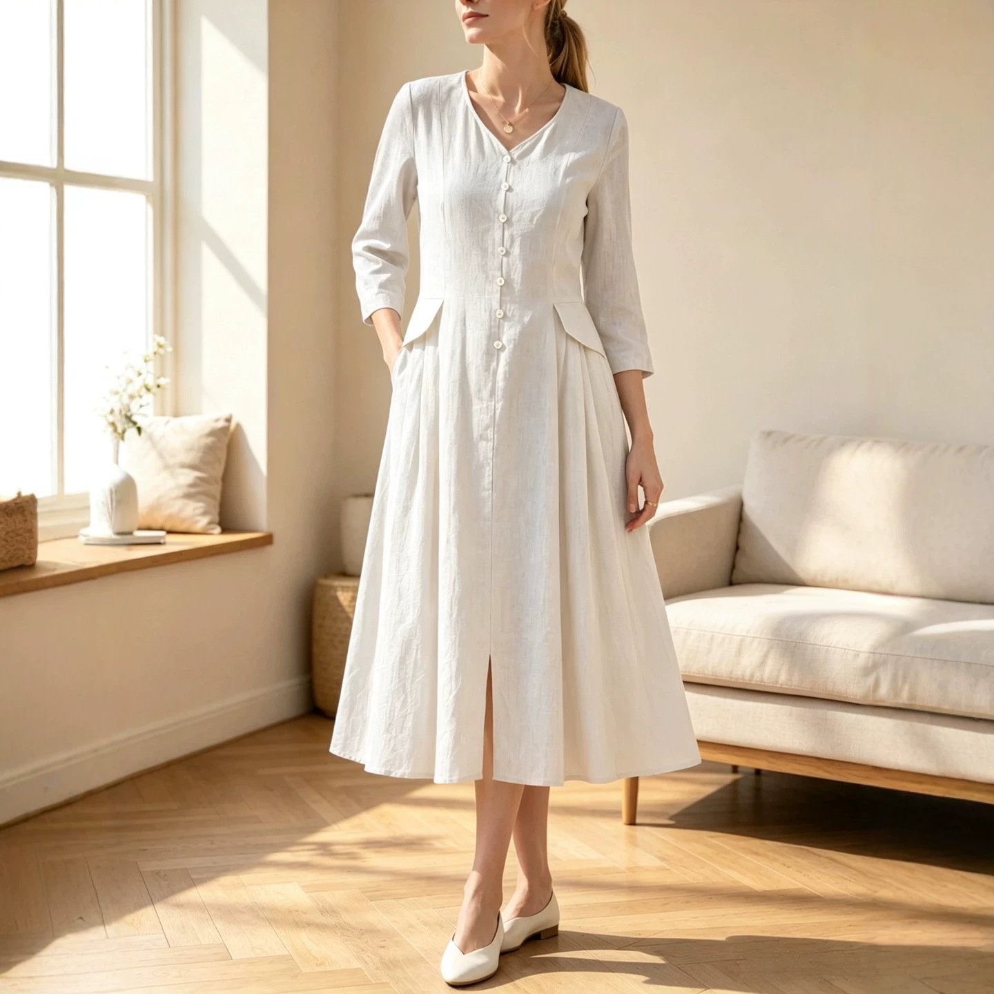 Solid Color High-Waist Loose A-Line Midi Dress with V-Neck and 3/4 Sleeves
