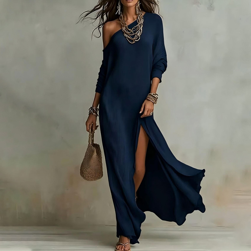 Women's Summer French Casual Slim Fit Solid One-Shoulder Slit Dress