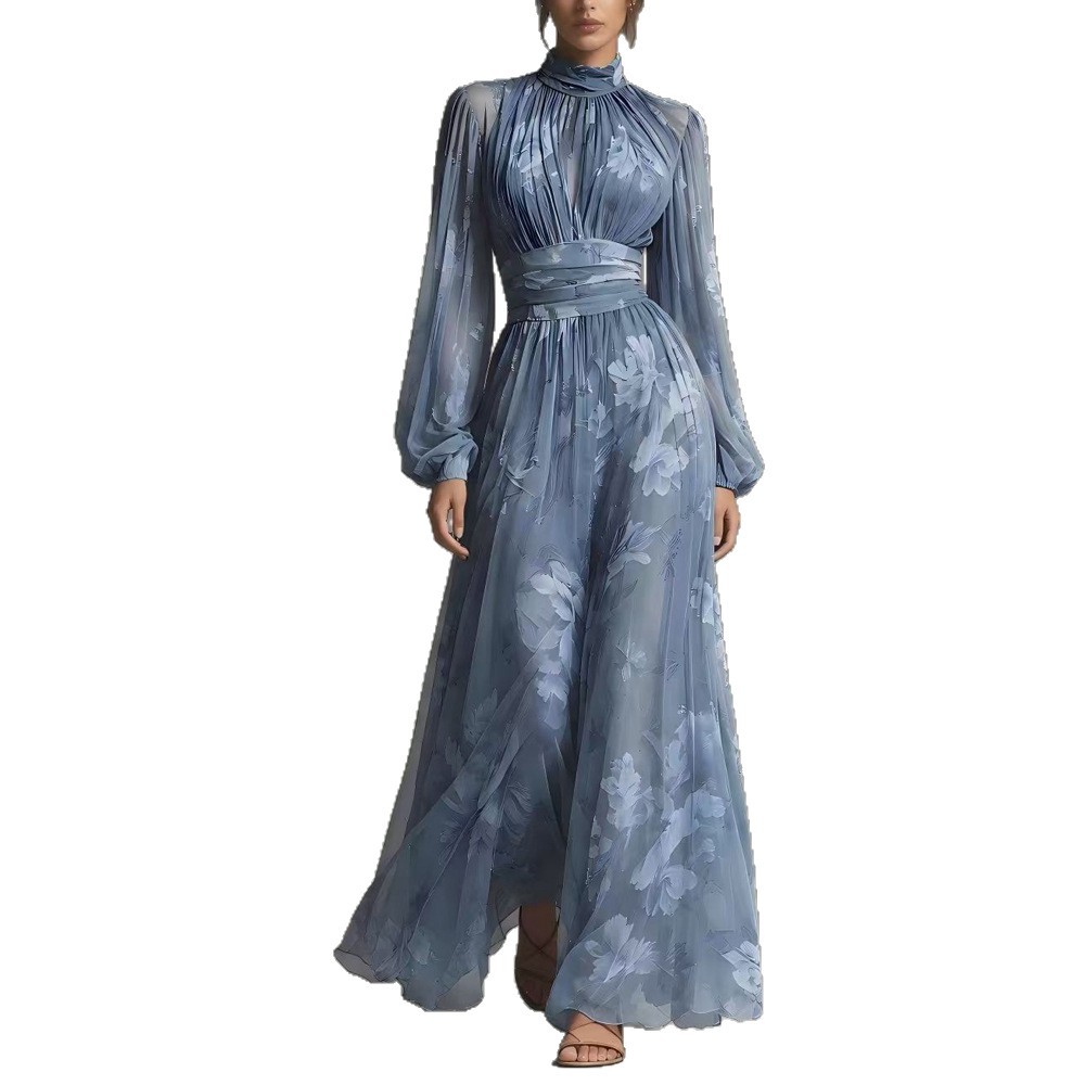 Women's Digital Print Ruched Waist Slimming Pleated Dress