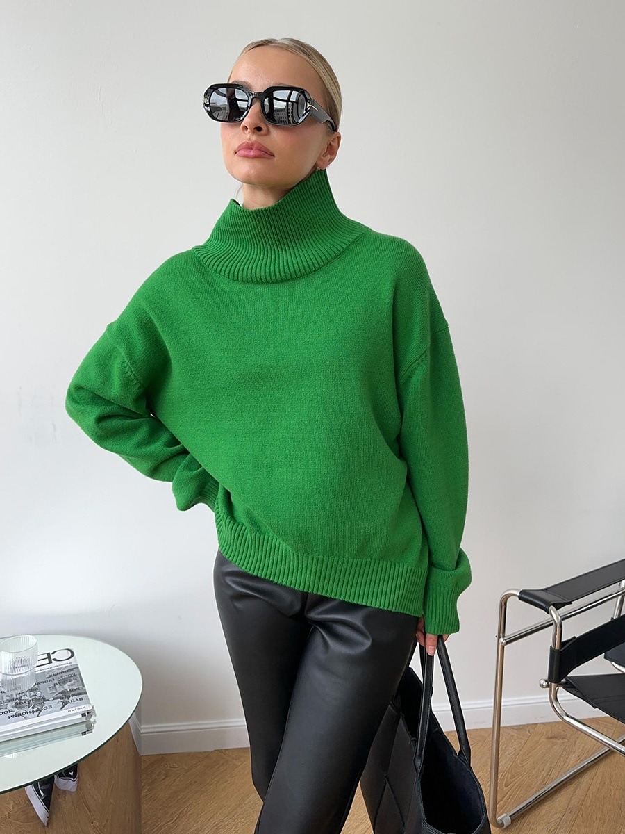 Women's Loose High Neck Solid Color Pullover Knit Sweater