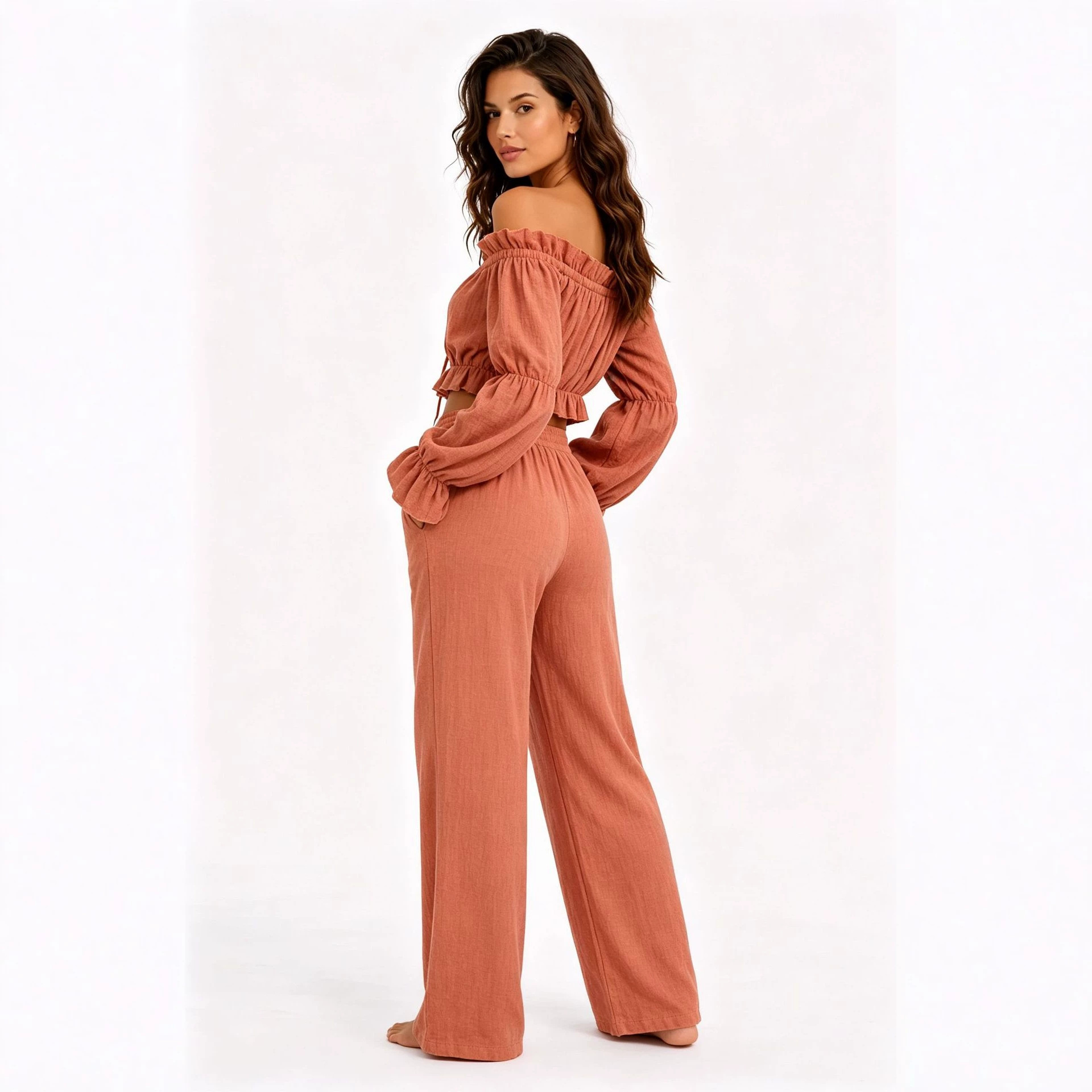 Off-Shoulder Crop Top and Wide-Leg Pants Set