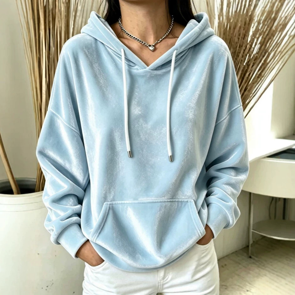 Velvet Hooded Drawstring Pocket Pullover Sweatshirt