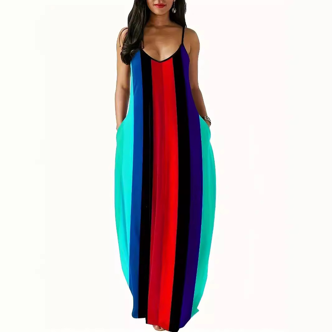 Striped Print Sleeveless Slip Maxi Dress