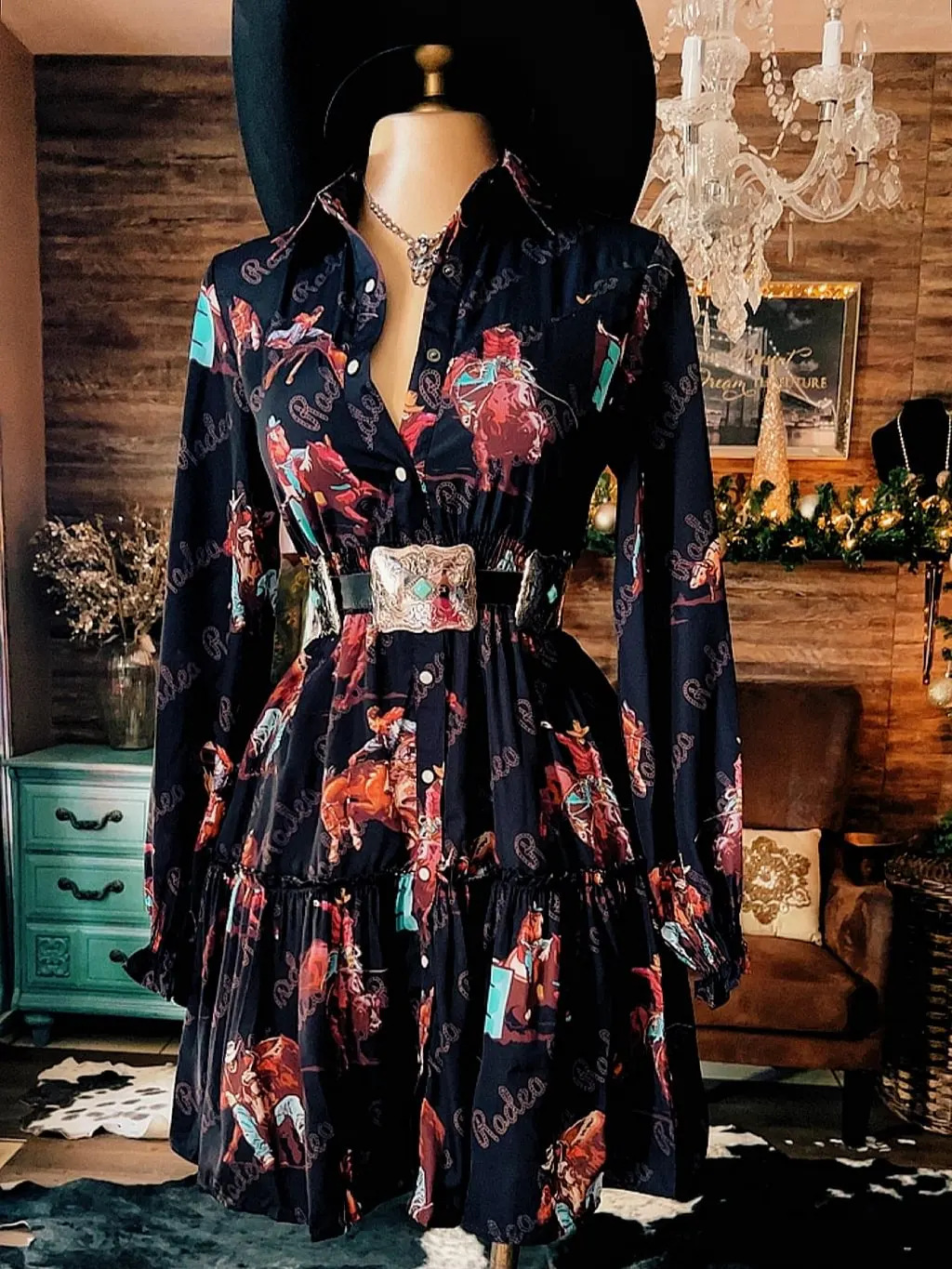 Western Cowboy Print Long Sleeve Shirt Dress with Waist Tie and Ruffle Hem