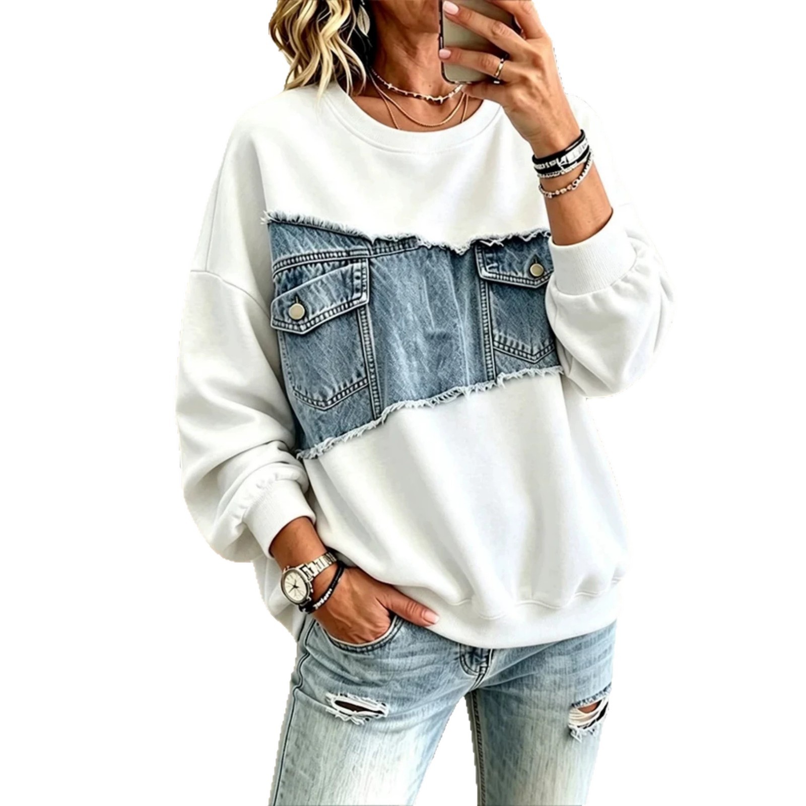 Patch Pocket Print Crewneck Long Sleeve Pullover Sweatshirt