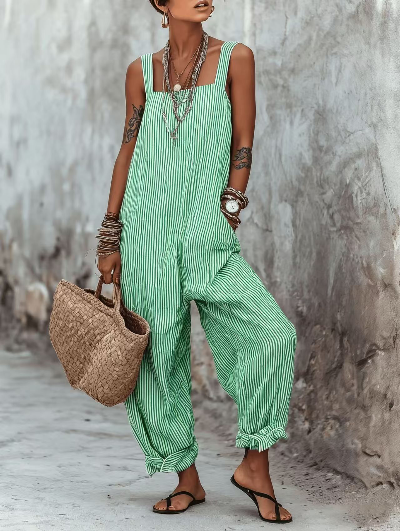 Women's Sleeveless Striped Print Loose Casual Jumpsuit