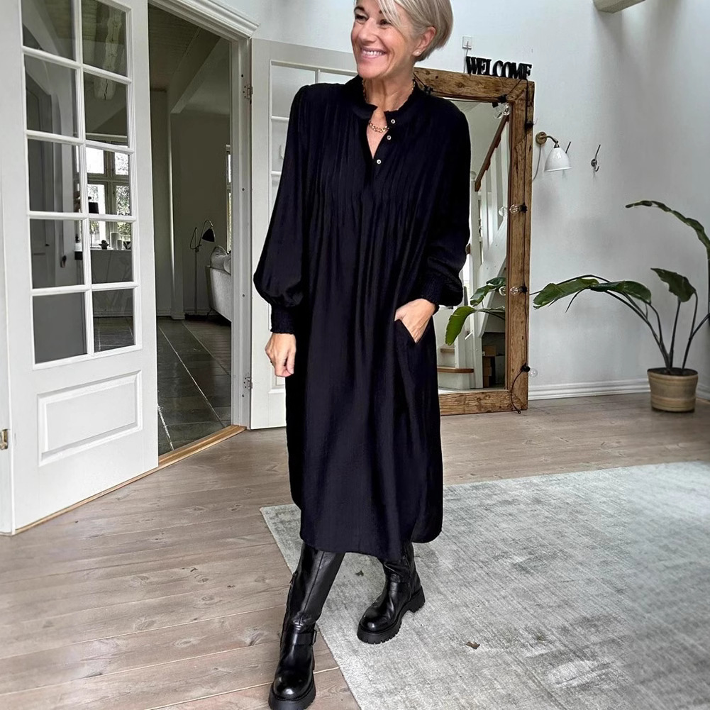 Solid Button-Neck Long-Sleeve Maxi Dress