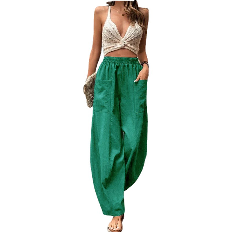Women's Solid Color Casual Pants with Pockets Elastic Waist Long Trousers