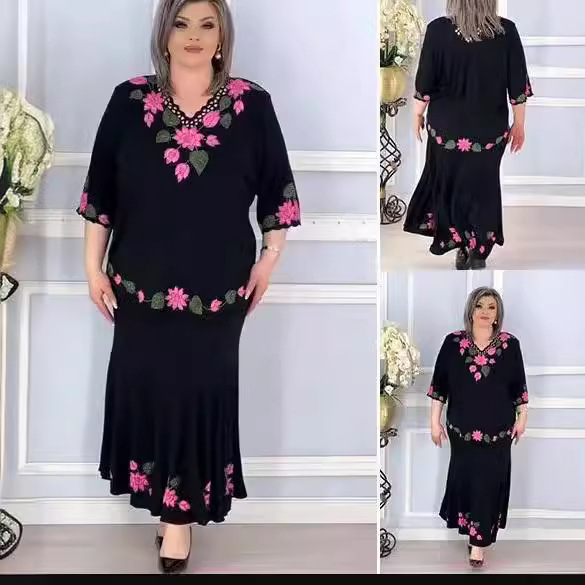 Black V-Neck Floral Print Midi A-Line Dress