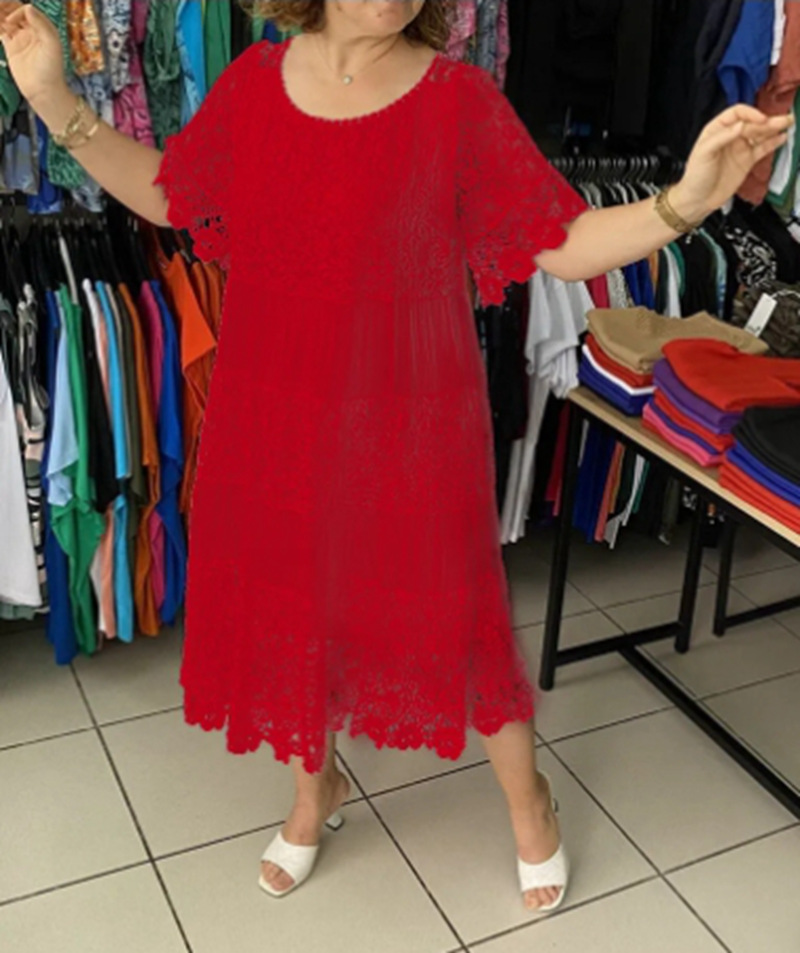 Elegant Solid Crewneck Short Sleeve Lace Trim Dress