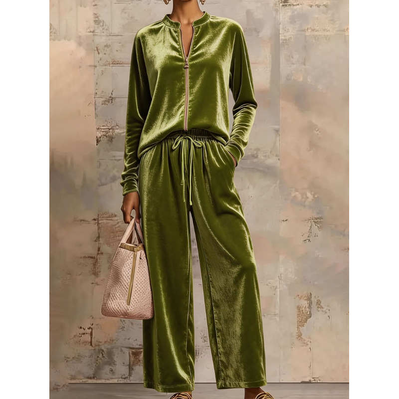 Women's Velvet Hoodie & Wide-Leg Pants Set High Waist Drapey