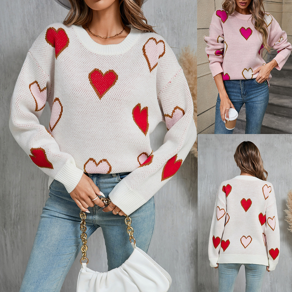 Women's Color-Block Heart Sweater, Crewneck Pullover, Long Sleeve