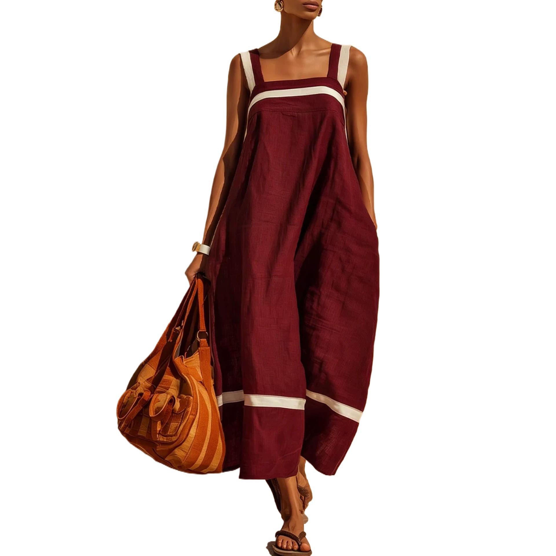 Cotton-Linen Blend Square Neck Striped Colorblock Sleeveless Casual Dress