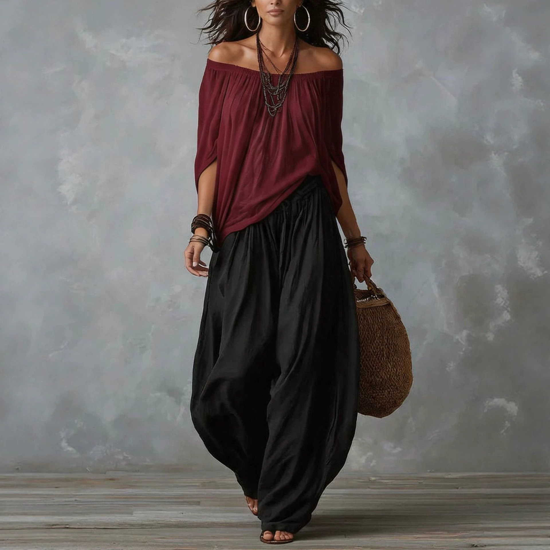Women's Casual Solid Off-Shoulder Top and Lantern Pants Set