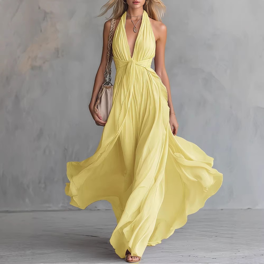 Women's Sexy Solid V-Neck Sleeveless High-Waist Midi Dress Vacation Style