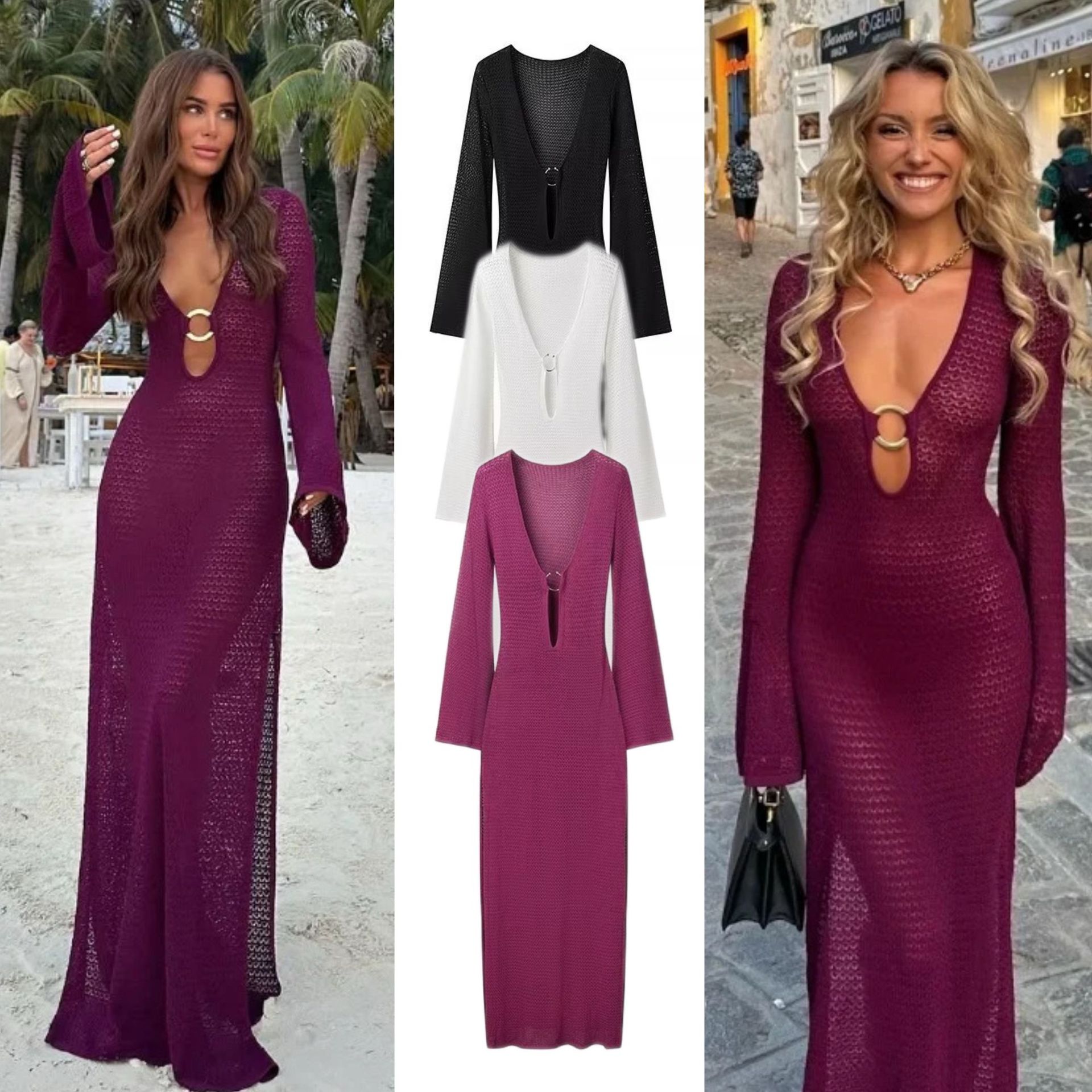 V-Neck Bell Sleeve Pleated Long Dress