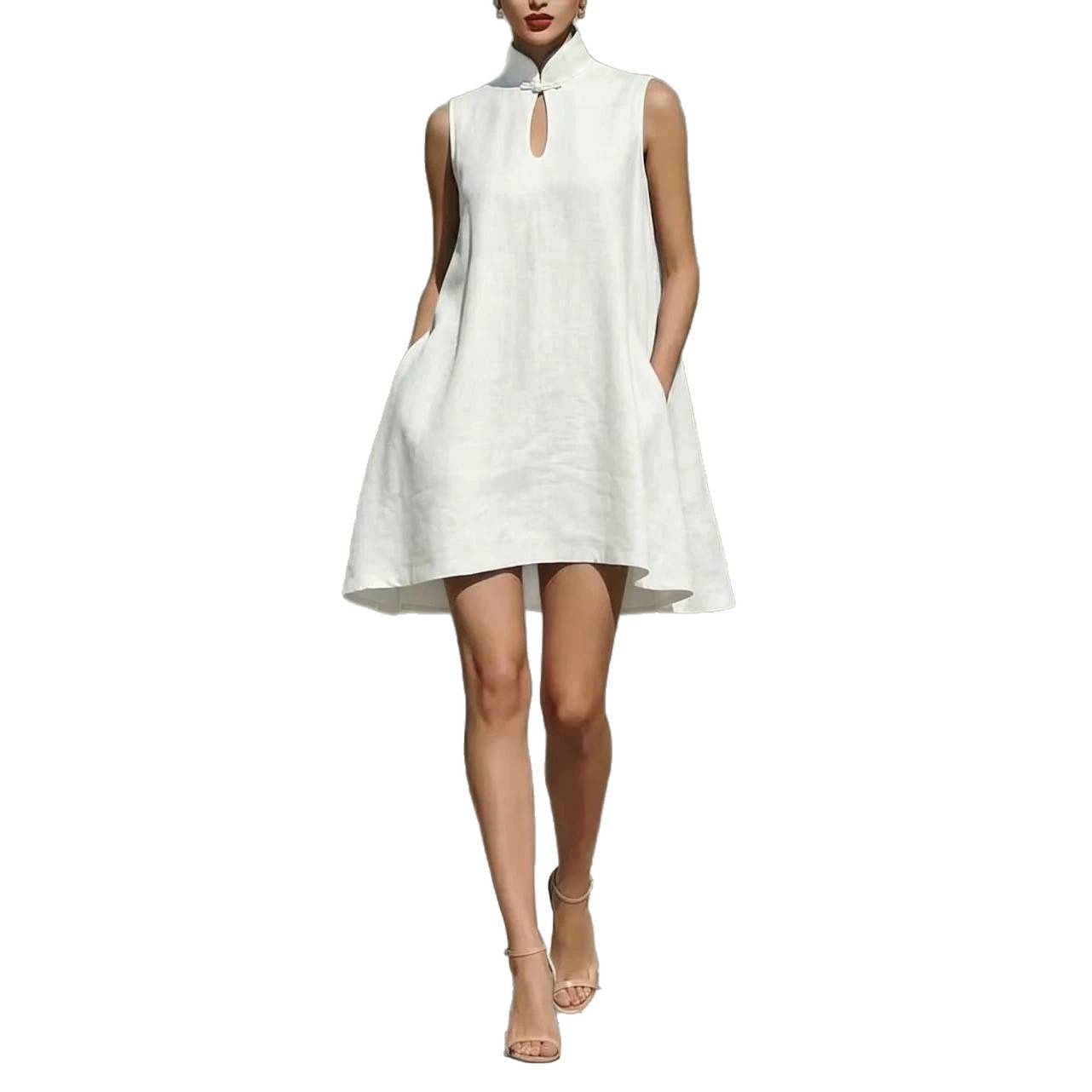 Sleeveless Linen Butterfly-Buckle A-Line Dress