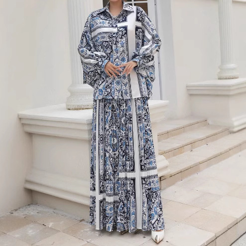 Women's Long Sleeve Printed Shirt & Wide-Leg Pants Set with Pleated Design