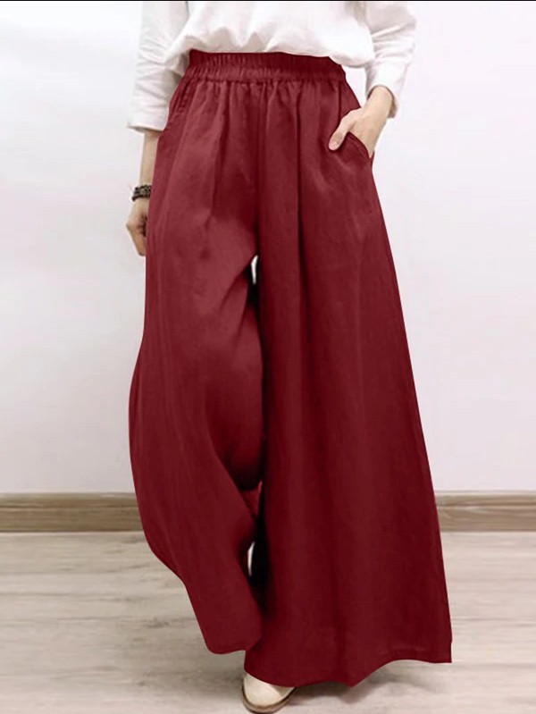 Women's Solid Cotton-Blend Wide-Leg Casual Pants