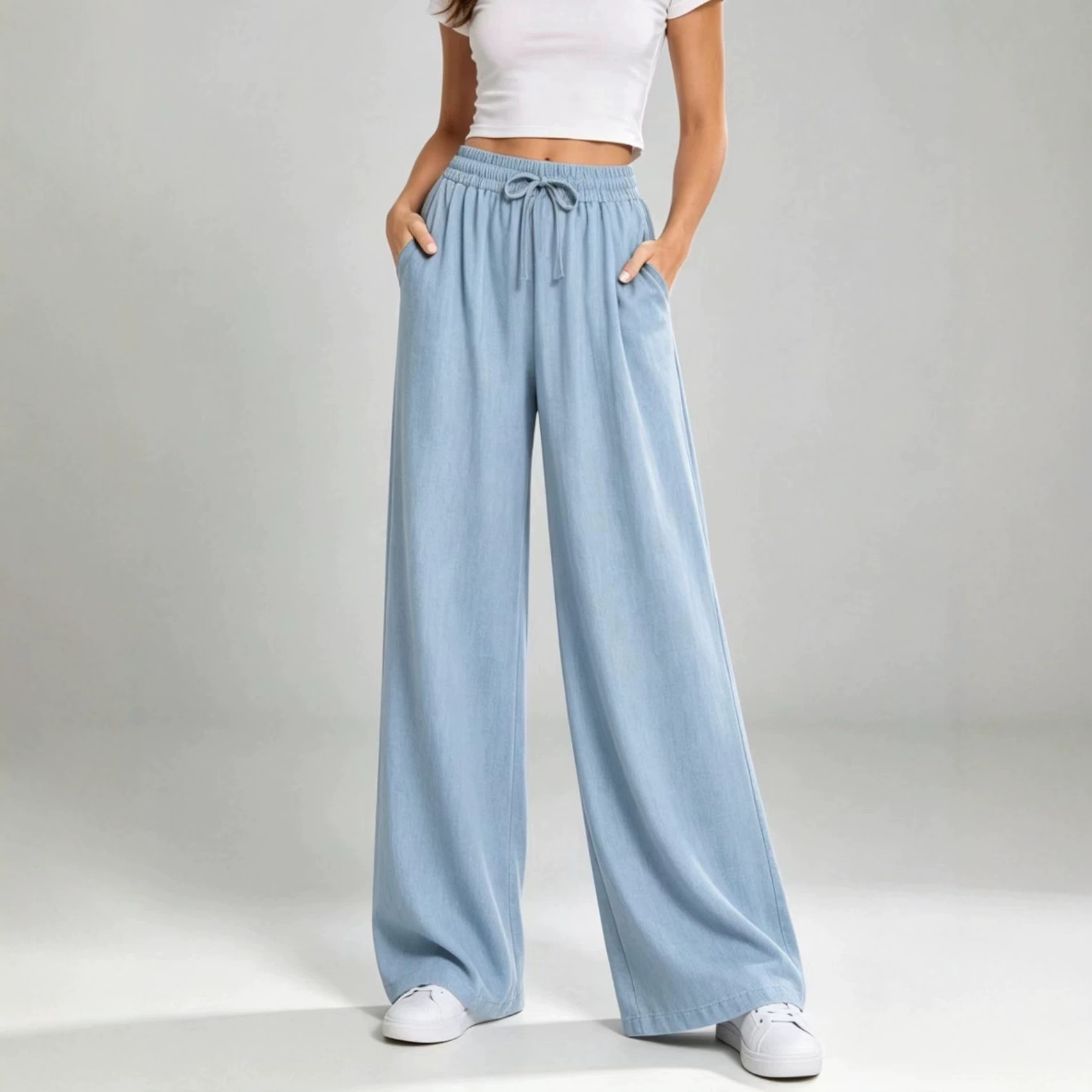 Drawstring High-Waist Straight-Leg Wide-Leg Pants for Women Solid Color