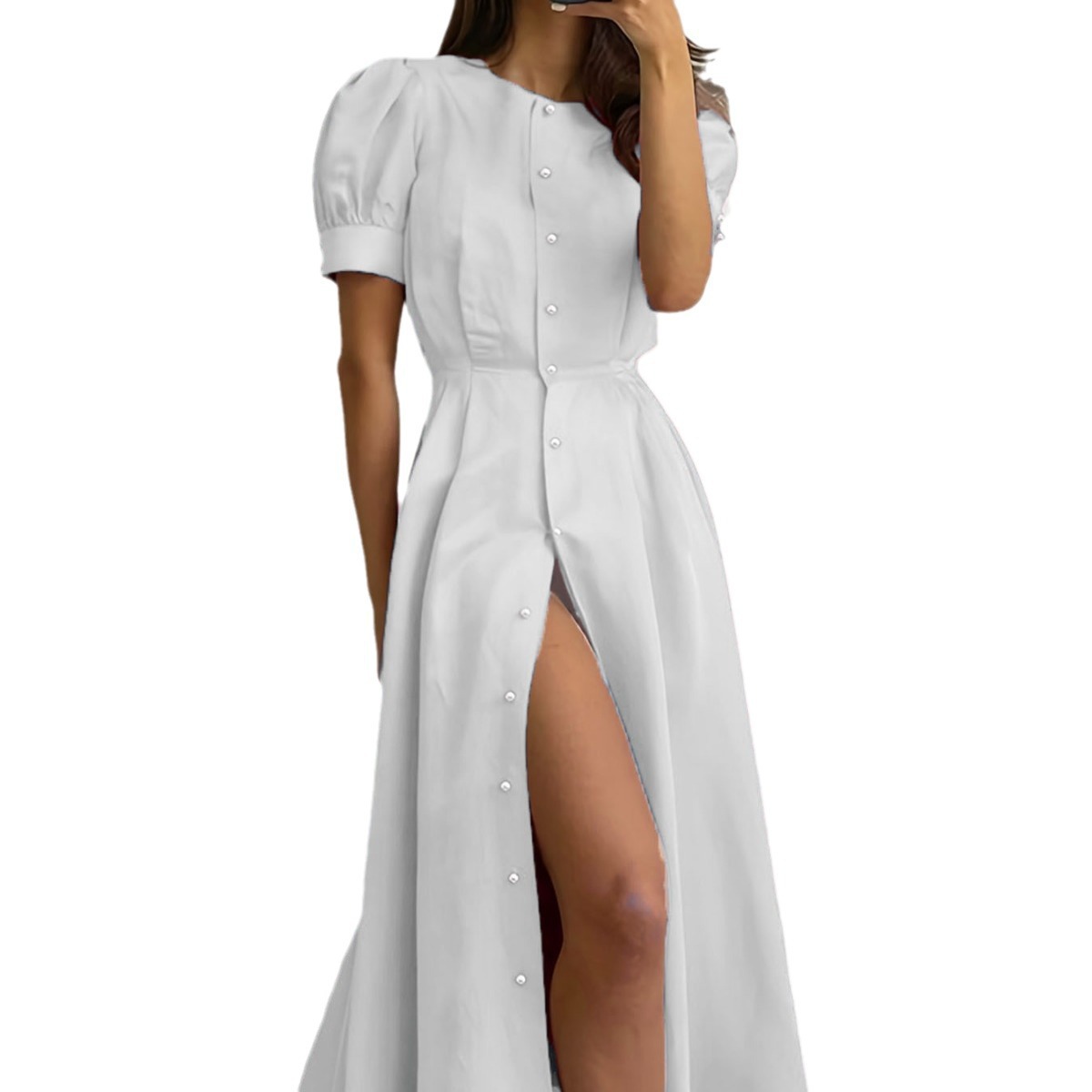Solid Color High-Waist Button-Front Midi Cardigan Dress