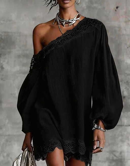 Women's Summer One-Shoulder Lace Trim Short Sleeve Casual Dress