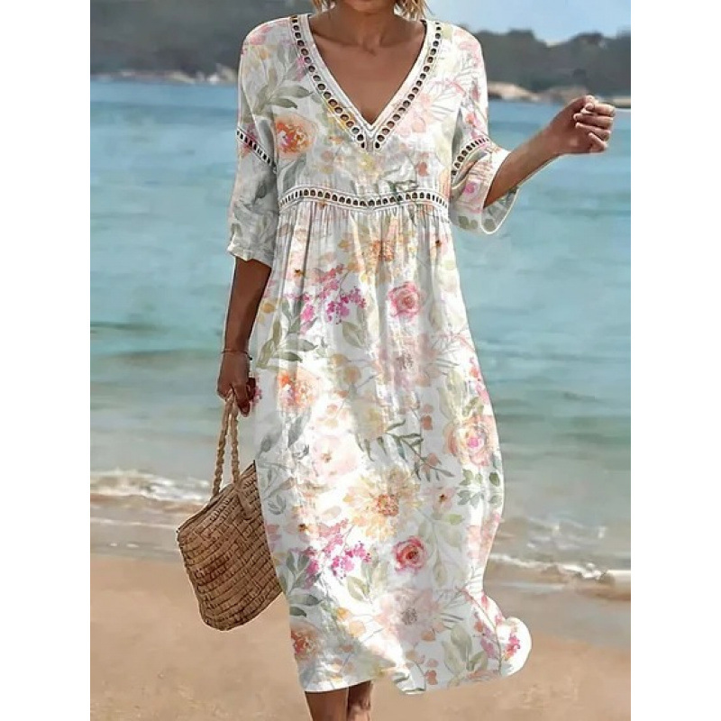 Women's Floral Print Pleated Midi Dress with Deep V-Neck and 3D Effect