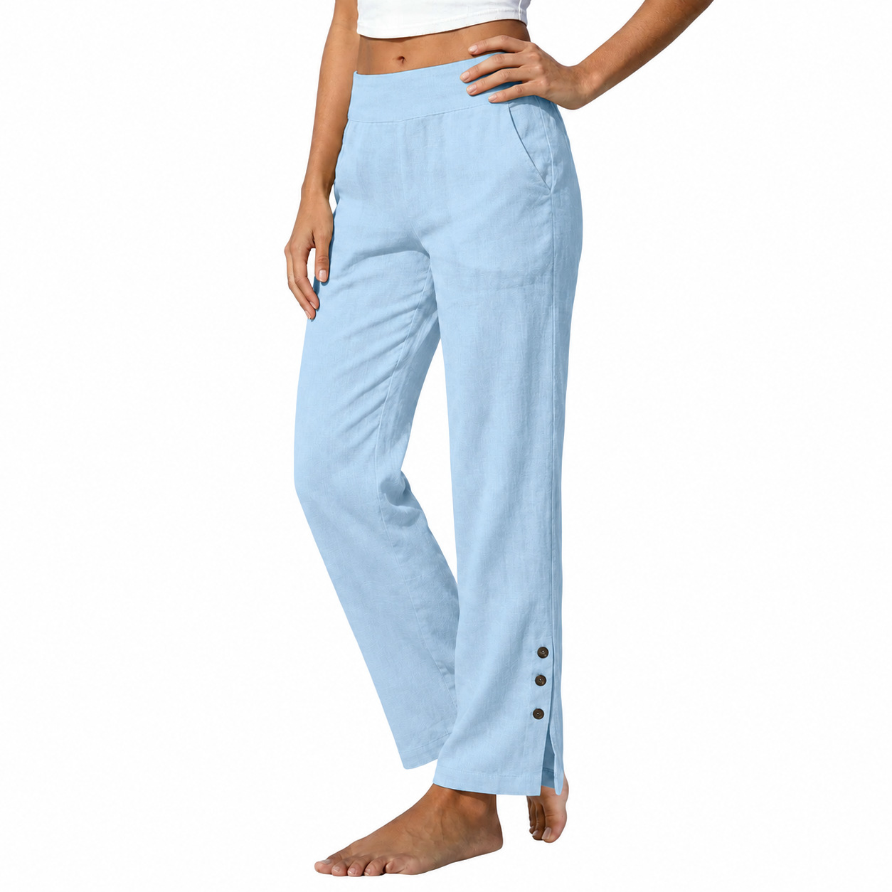 Women's Cotton Linen High Waist Wide Leg Pants with Side Slit Buttons