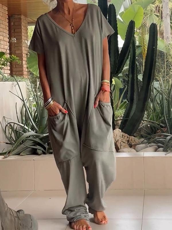 Relaxed Deep V-Neck Short Sleeve Wide-Leg Jumpsuit with Pockets