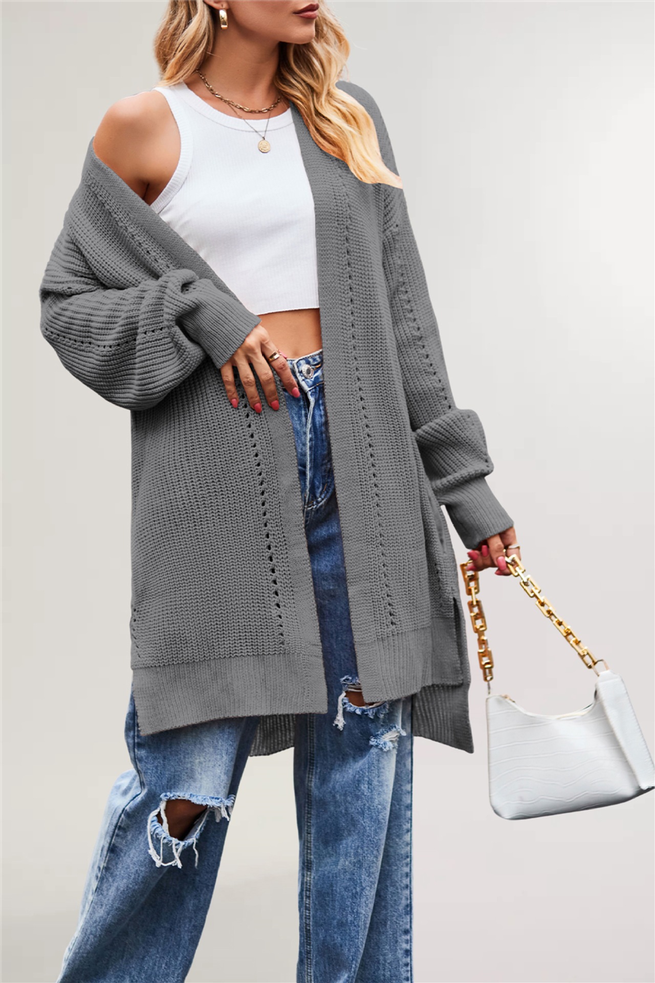 Women's Solid Color Loose Knit Cardigan with Pockets
