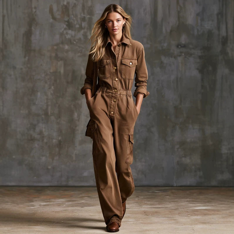 Women's Vintage Brown Long Sleeve Button-Front Jumpsuit with Pockets