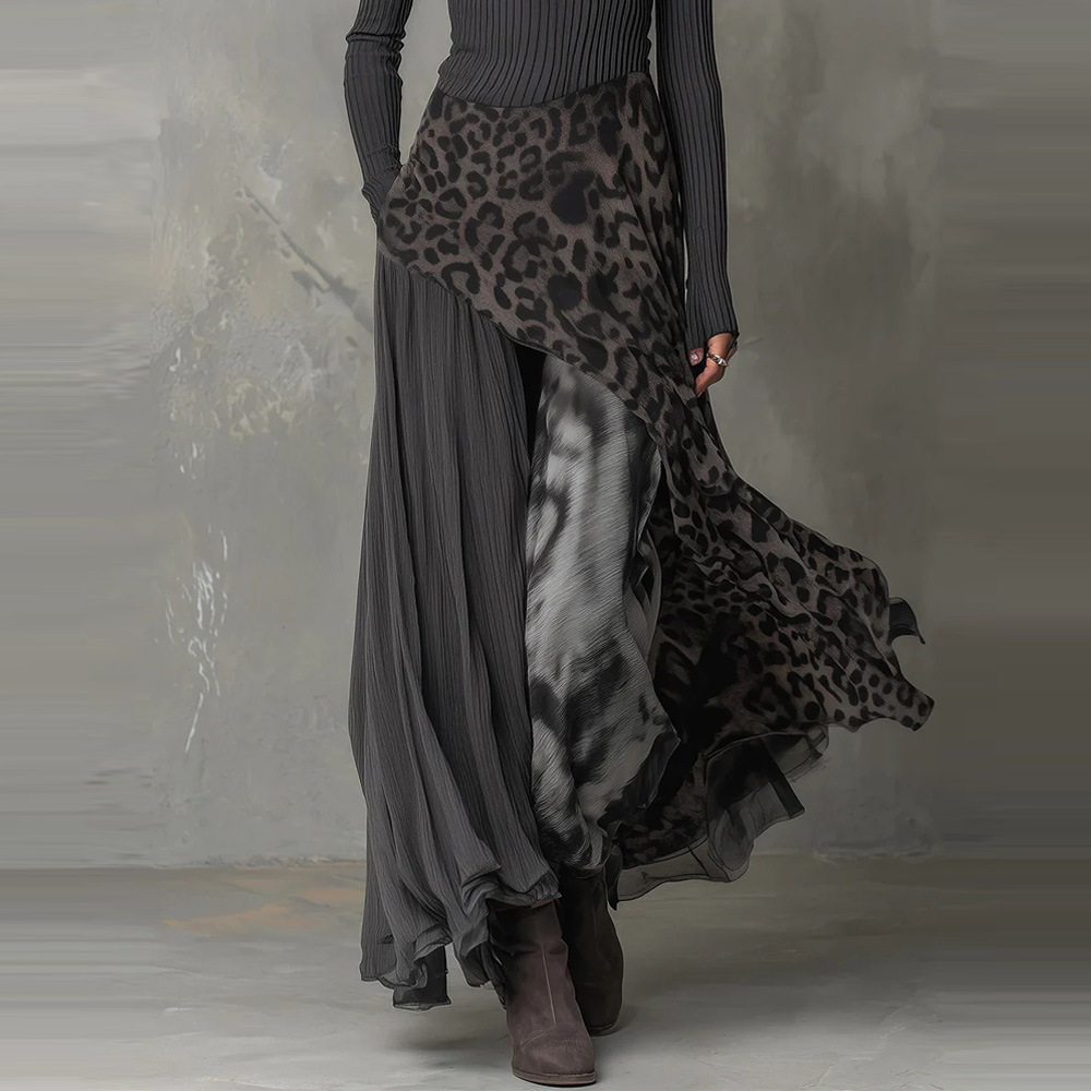 Leopard Print High Waist Long Sleeve Maxi Dress