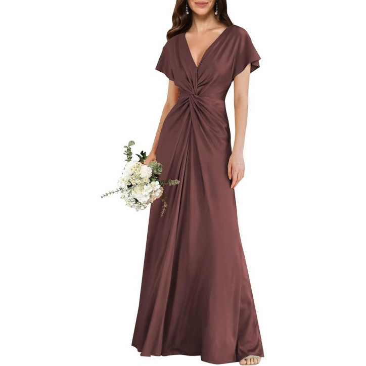 Satin Short Sleeve A-Line Dress V-Neck Midi Formal Party Bridesmaid