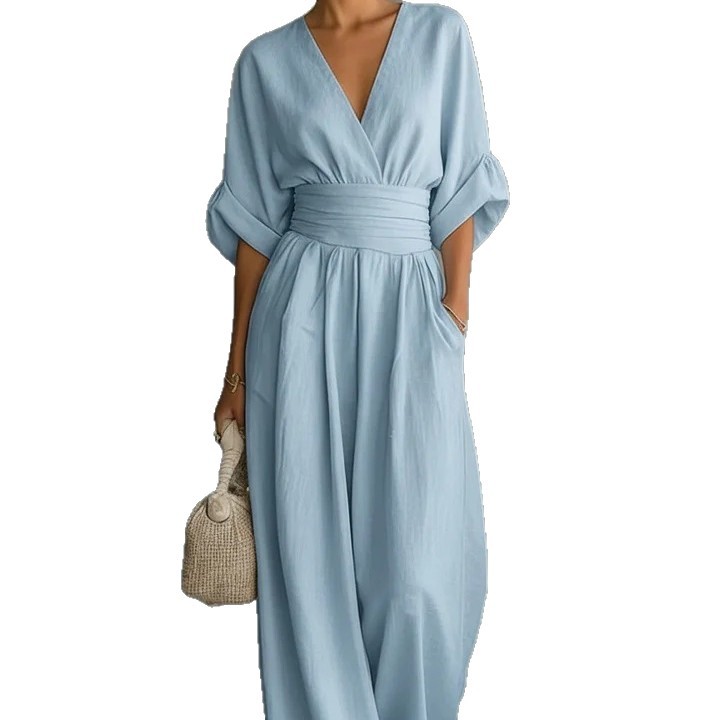 Elegant V-Neck Cinched Waist Wide-Leg Jumpsuit