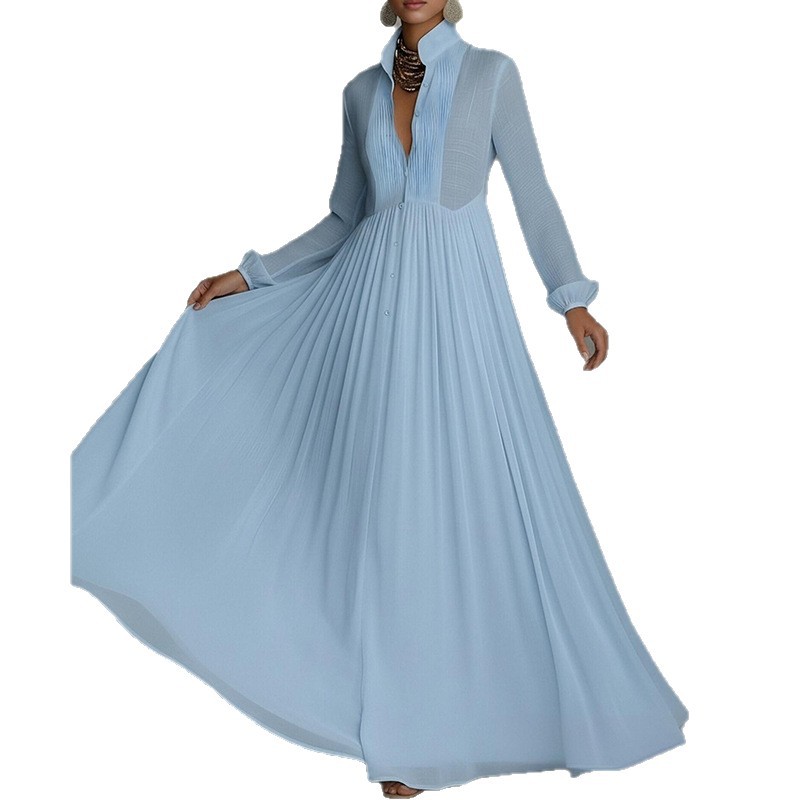 Women's Slim Fit V-Neck Colorblock Long Dress