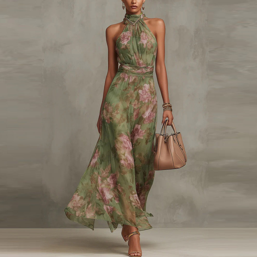 Women's Bodycon Mesh Floral Print High Slit Cami Long Dress