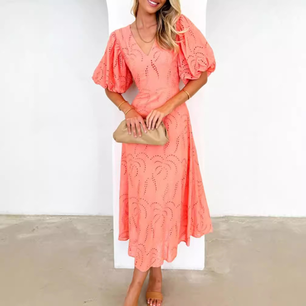 Solid Cutout V-Neck Short Sleeve Waist-Defining Midi Dress