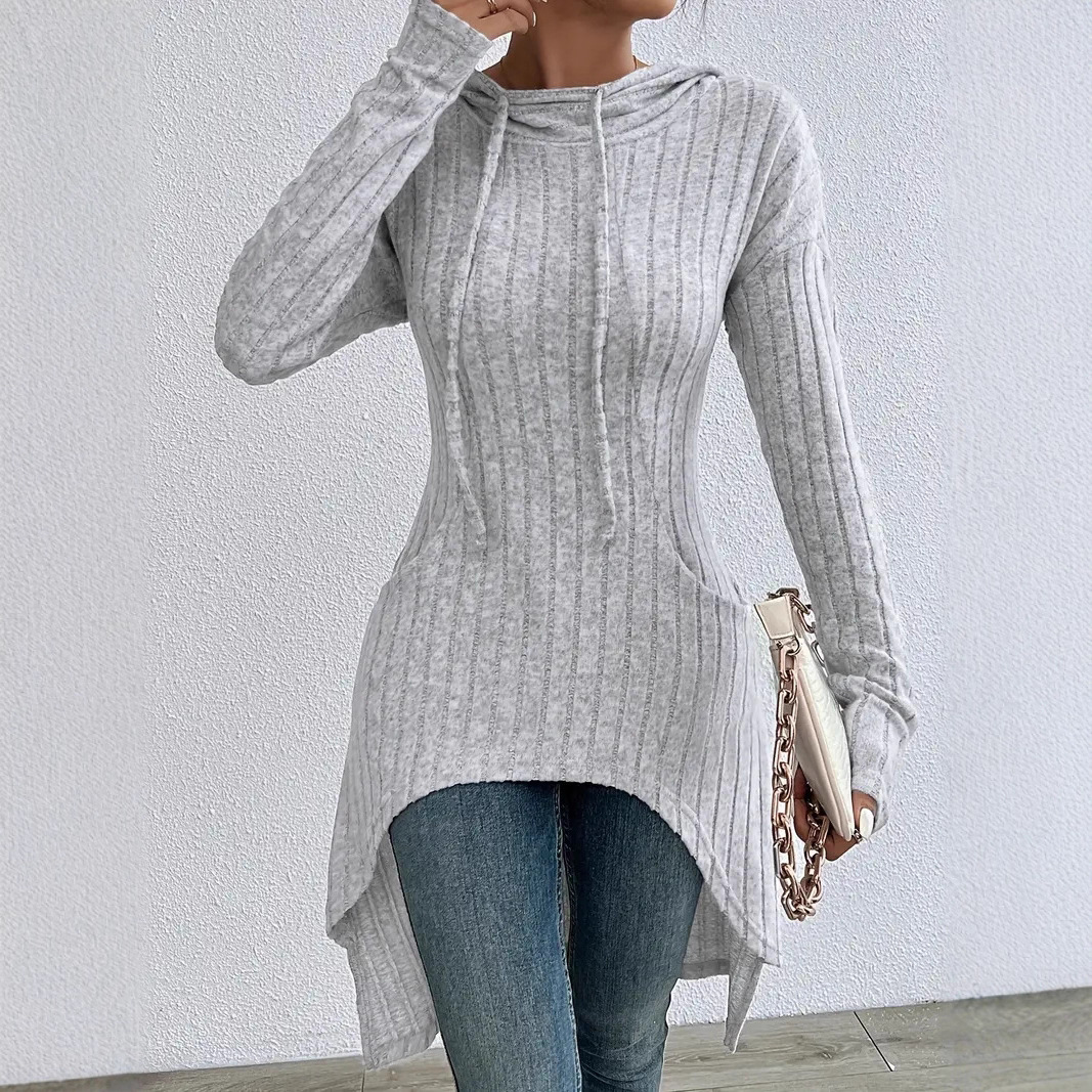 Women's Ribbed Knit Hooded Drawstring Tunic Sweatshirt
