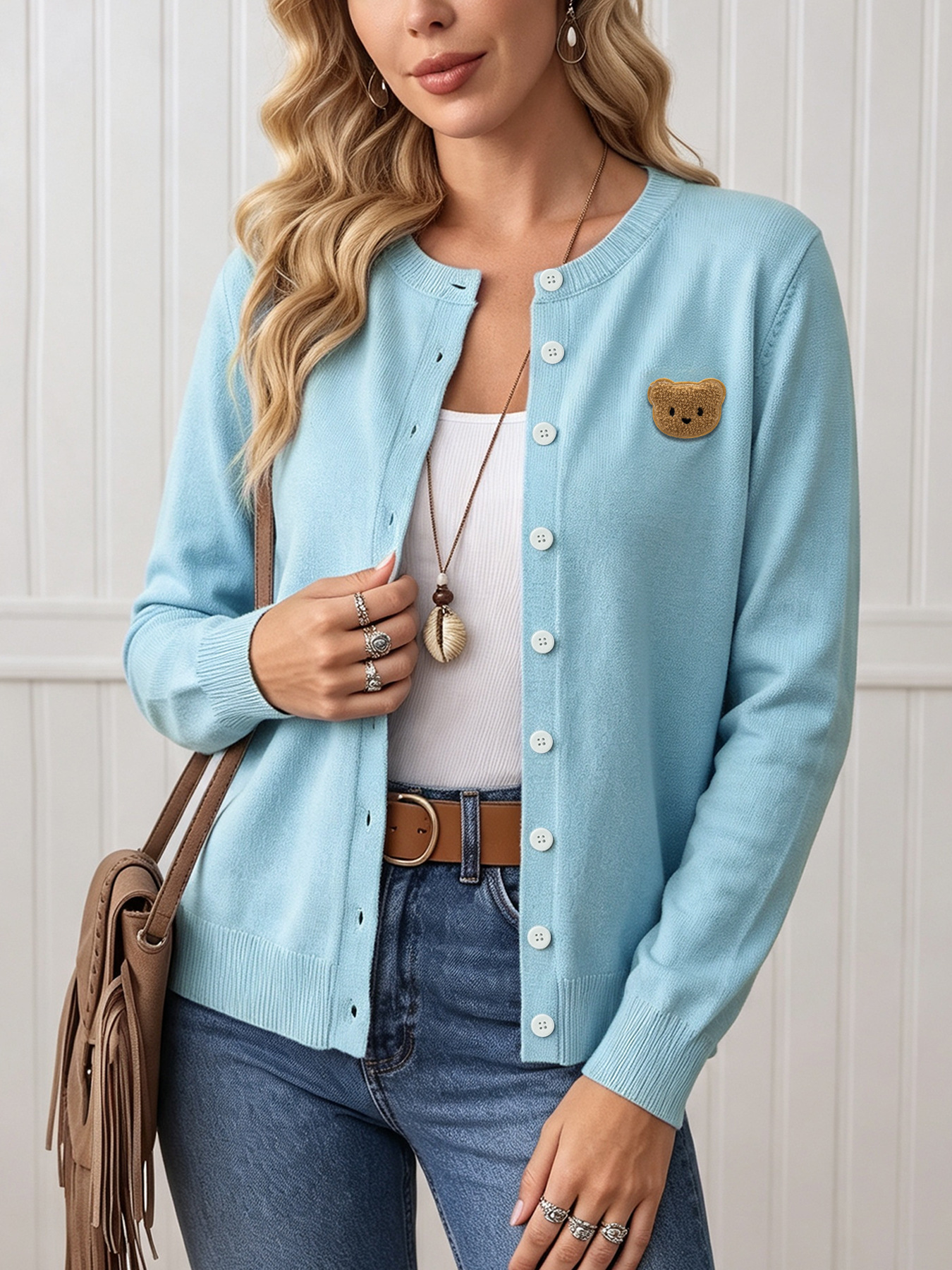 Women's Bear Knit Cardigan Long Sleeve Round Neck Loose Fit Solid Color